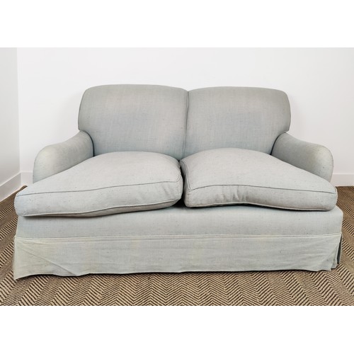 417 - SOFA, Howard style in light blue fabric on beech legs and castors, 90cm H x 150cm W x 107cm D.