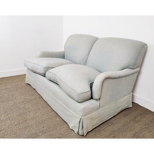 417 - SOFA, Howard style in light blue fabric on beech legs and castors, 90cm H x 150cm W x 107cm D.