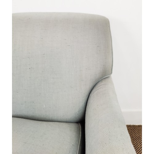 417 - SOFA, Howard style in light blue fabric on beech legs and castors, 90cm H x 150cm W x 107cm D.