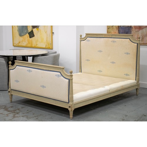 416 - BED, Louis XVI style grey painted with padded ends and 5' 0