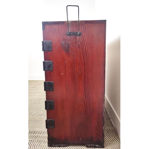 168 - JAPANESE CABINET, late 19th century stained firwood and iron mounted, with a pair of doors enclosing... 