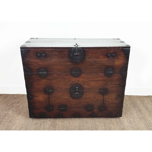 169 - CHEST, 19th century Korean elm and iron mounted, with two fall front doors, 98cm W x 42cm D x 80cm H... 