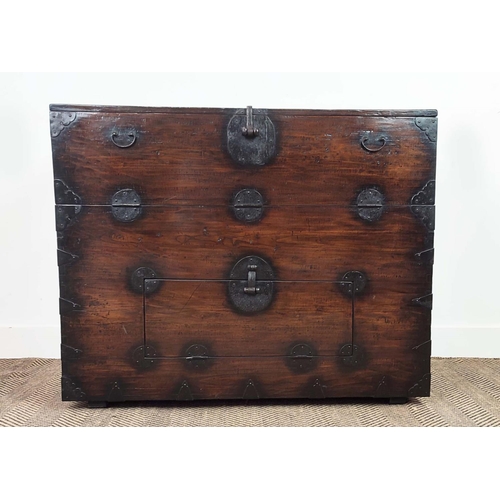 169 - CHEST, 19th century Korean elm and iron mounted, with two fall front doors, 98cm W x 42cm D x 80cm H... 