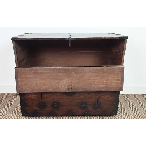 169 - CHEST, 19th century Korean elm and iron mounted, with two fall front doors, 98cm W x 42cm D x 80cm H... 