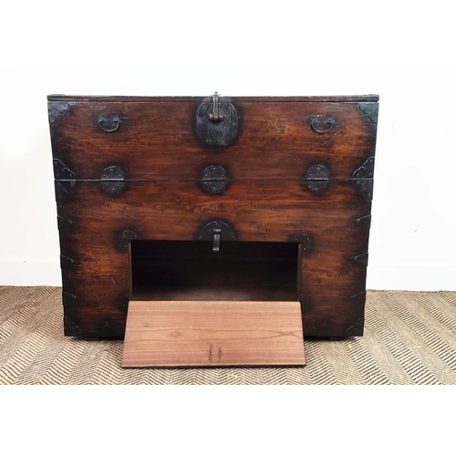 169 - CHEST, 19th century Korean elm and iron mounted, with two fall front doors, 98cm W x 42cm D x 80cm H... 