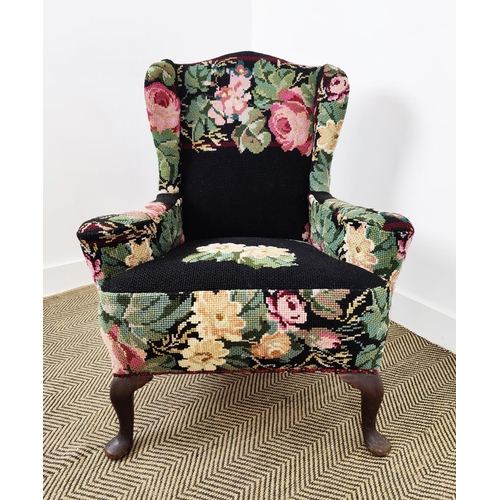 146 - WING ARMCHAIR, early 20th century mahogany in black needlework upholstery, 92cm H x 78cm W x 68cm D.