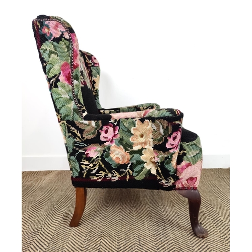 146 - WING ARMCHAIR, early 20th century mahogany in black needlework upholstery, 92cm H x 78cm W x 68cm D.