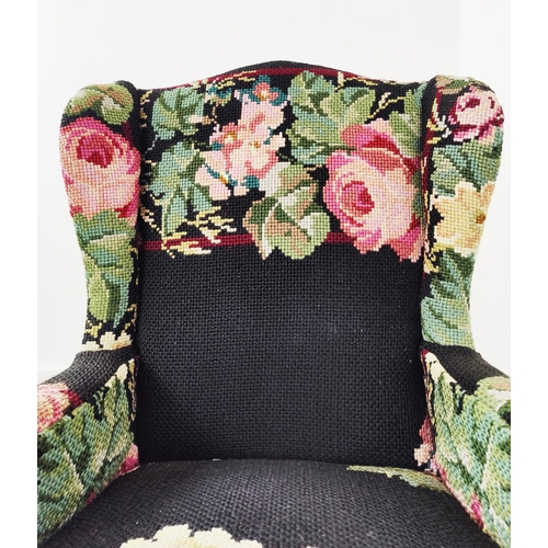 146 - WING ARMCHAIR, early 20th century mahogany in black needlework upholstery, 92cm H x 78cm W x 68cm D.