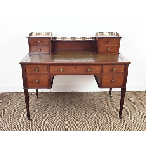 148 - DESK, Edwardian mahogany, circa 1905, with brass gallery, green leather top and nine drawers on cast... 