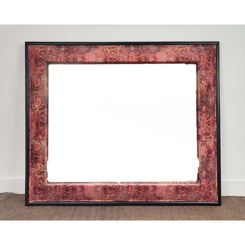 149 - WALL MIRROR, patterned velvet and ebonised rectangular frame, 131cm x 112cm.