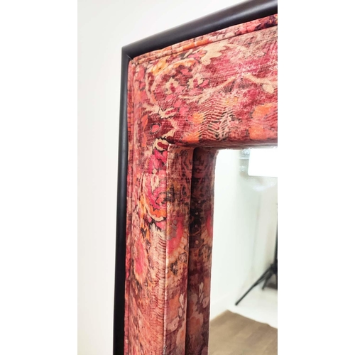 149 - WALL MIRROR, patterned velvet and ebonised rectangular frame, 131cm x 112cm.