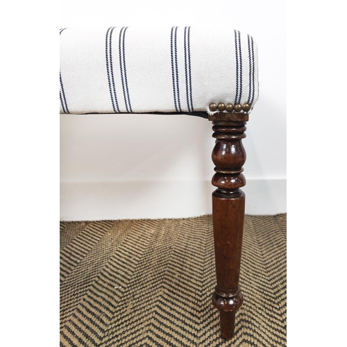 150 - STOOL, part 19th century mahogany with white and black striped upholstery, 45cm H x 102cm W x 47cm D... 