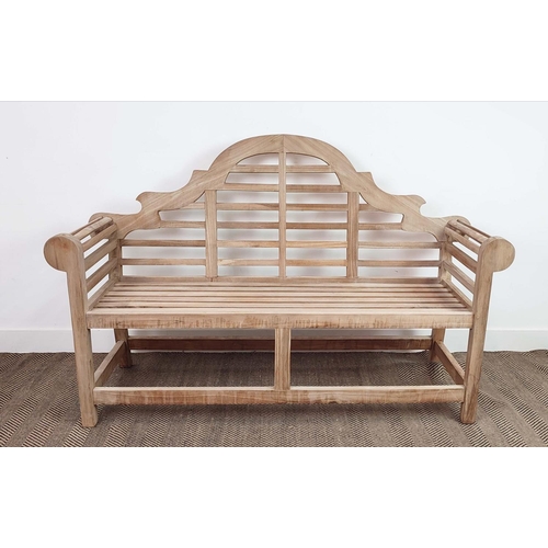 153 - LUTYENS STYLE GARDEN BENCH, teak, 104cm H x 166cm W.