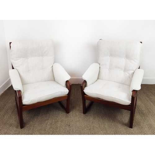 154 - ATTRIBUTED TO GIMSON & SLATER ARMCHAIRS, a pair, vintage, with later cushions and upholstery, 92cm H... 