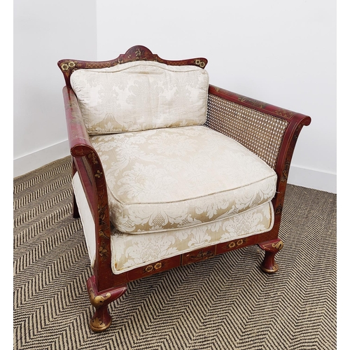 164 - BERGERE, early 20th century scarlet and gilt chinoiserie decorated and caned with damask cushions, 8... 