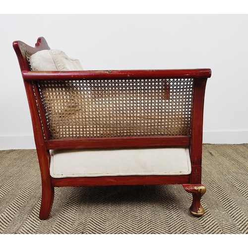 164 - BERGERE, early 20th century scarlet and gilt chinoiserie decorated and caned with damask cushions, 8... 