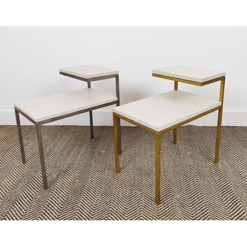 165 - LAMP/BEDSIDE TABLES, a near pair, gilt and silvered metal with two tier stone effect tops, 51cm H x ... 