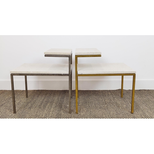 165 - LAMP/BEDSIDE TABLES, a near pair, gilt and silvered metal with two tier stone effect tops, 51cm H x ... 