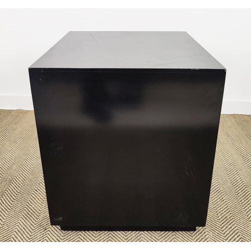 166 - PLINTH, black lacquer of cube form, 72cm H x 65cm W x 65cm D.