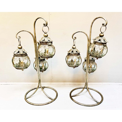 205 - HANGING GLOBE LANTERNS ON STANDS, a pair, Regency style, 74cm H approx. (2)