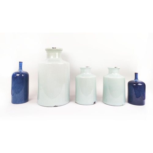 15 - A COLLECTION OF BOTTLE VASES, three celedon with craquelure glaze and two powder blue. (5)