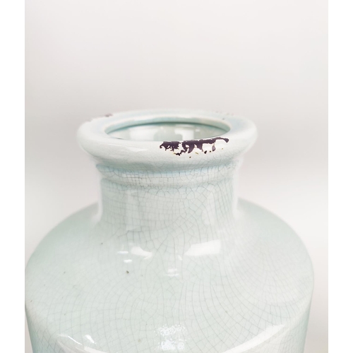 15 - A COLLECTION OF BOTTLE VASES, three celedon with craquelure glaze and two powder blue. (5)