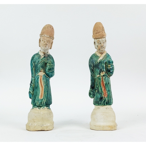 1 - A PAIR OF MING DYNASTY STYLE EARTHENWARE FIGURAL INCENSE BURNERS, hand painted, detachable heads, 34... 