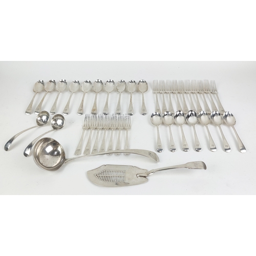 10 - A PART CANTEEN OF STERLING SILVER CUTLERY, London 1921, comprising ten dinner forks, ten table spoon... 