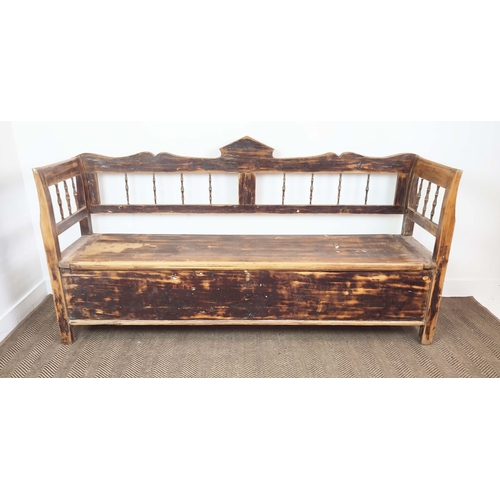 117 - SETTLE, late 19th/early 20th century Swedish pine with hinged seat, 106cm H x 100cm W x 54cm D.