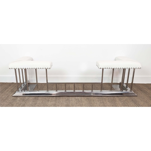 119 - CLUB FENDER, polished steel and white leather, 46cm H x 168cm W x 50cm D, internal seat 134cm W x 32... 