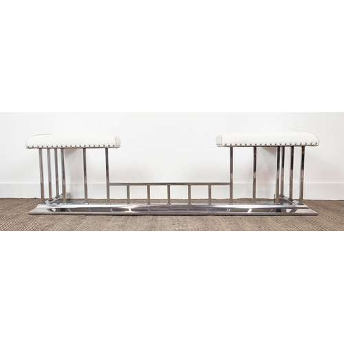 119 - CLUB FENDER, polished steel and white leather, 46cm H x 168cm W x 50cm D, internal seat 134cm W x 32... 