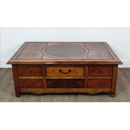 120 - LOW TABLE, cherrywood and walnut with lazy suzan between compartments and single through drawer, 43c... 