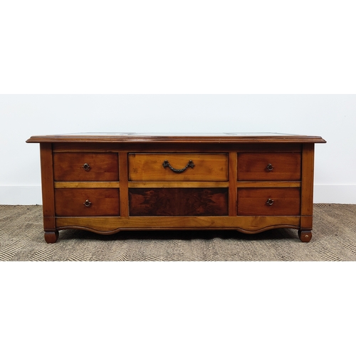 120 - LOW TABLE, cherrywood and walnut with lazy suzan between compartments and single through drawer, 43c... 