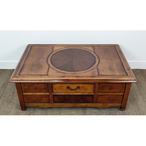 120 - LOW TABLE, cherrywood and walnut with lazy suzan between compartments and single through drawer, 43c... 