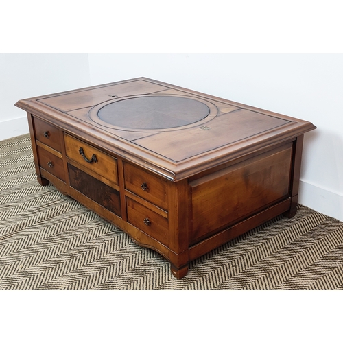 120 - LOW TABLE, cherrywood and walnut with lazy suzan between compartments and single through drawer, 43c... 