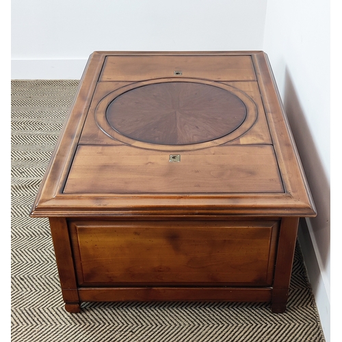 120 - LOW TABLE, cherrywood and walnut with lazy suzan between compartments and single through drawer, 43c... 