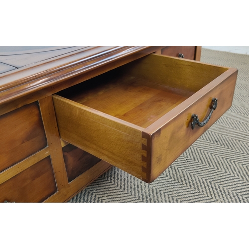 120 - LOW TABLE, cherrywood and walnut with lazy suzan between compartments and single through drawer, 43c... 