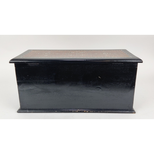 122 - BOX, ebonised, decorated and mother of pearl inlaid, 22cm H x 49cm W x 22cm D.