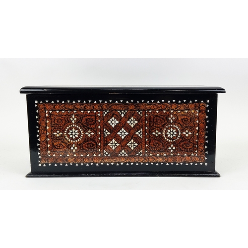 122 - BOX, ebonised, decorated and mother of pearl inlaid, 22cm H x 49cm W x 22cm D.