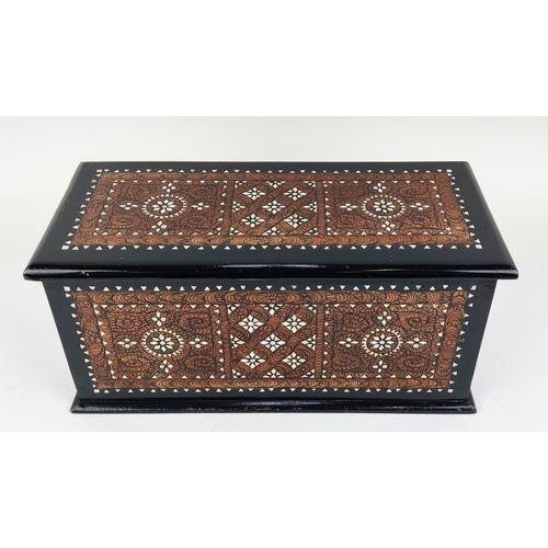 122 - BOX, ebonised, decorated and mother of pearl inlaid, 22cm H x 49cm W x 22cm D.