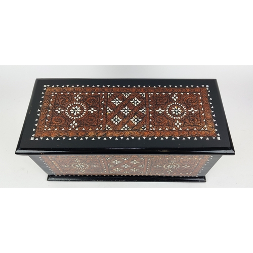 122 - BOX, ebonised, decorated and mother of pearl inlaid, 22cm H x 49cm W x 22cm D.