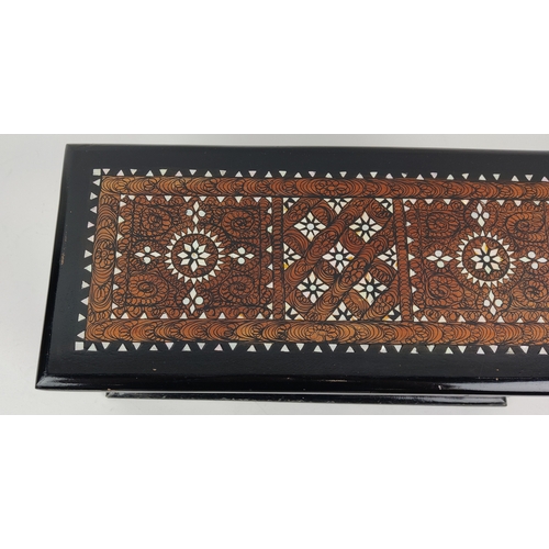 122 - BOX, ebonised, decorated and mother of pearl inlaid, 22cm H x 49cm W x 22cm D.