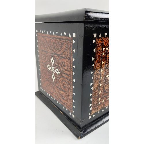 122 - BOX, ebonised, decorated and mother of pearl inlaid, 22cm H x 49cm W x 22cm D.