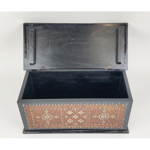 122 - BOX, ebonised, decorated and mother of pearl inlaid, 22cm H x 49cm W x 22cm D.