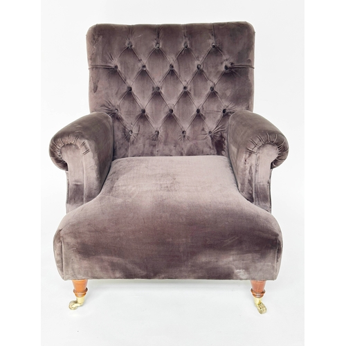 123 - ARMCHAIR, Howard style deep brown velvet upholstered with buttoned back, scroll arms and turned fron... 