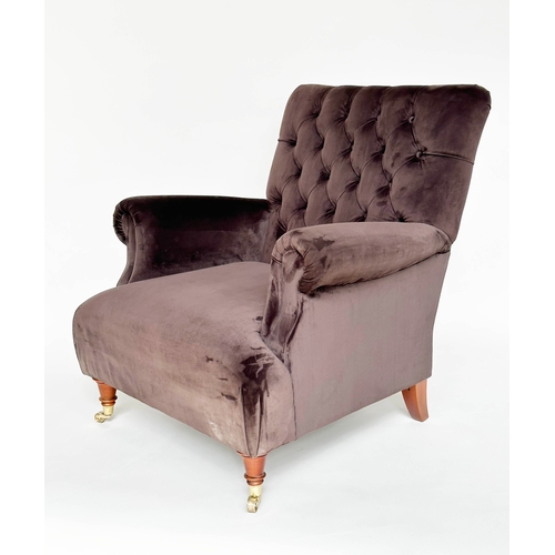 123 - ARMCHAIR, Howard style deep brown velvet upholstered with buttoned back, scroll arms and turned fron... 