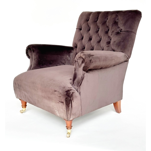 123 - ARMCHAIR, Howard style deep brown velvet upholstered with buttoned back, scroll arms and turned fron... 