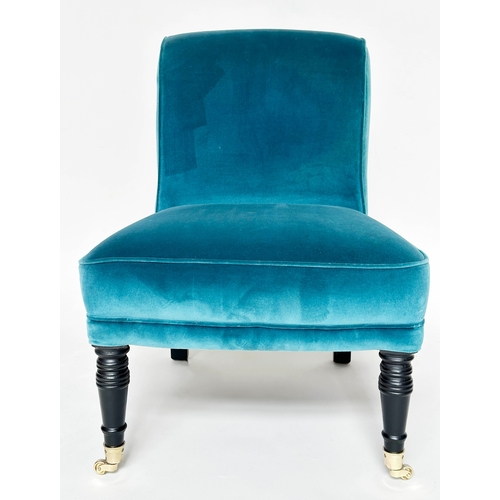 125 - SLIPPER CHAIR, Victorian style with blue velvet upholstery and turned front supports, 60cm W.