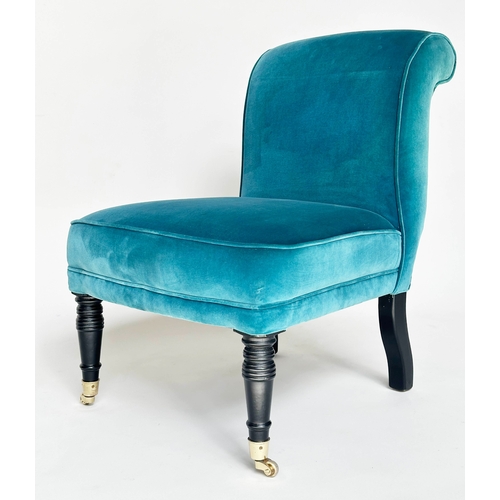 125 - SLIPPER CHAIR, Victorian style with blue velvet upholstery and turned front supports, 60cm W.