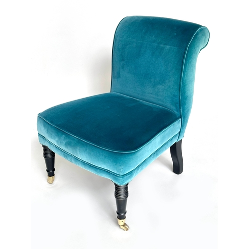 125 - SLIPPER CHAIR, Victorian style with blue velvet upholstery and turned front supports, 60cm W.